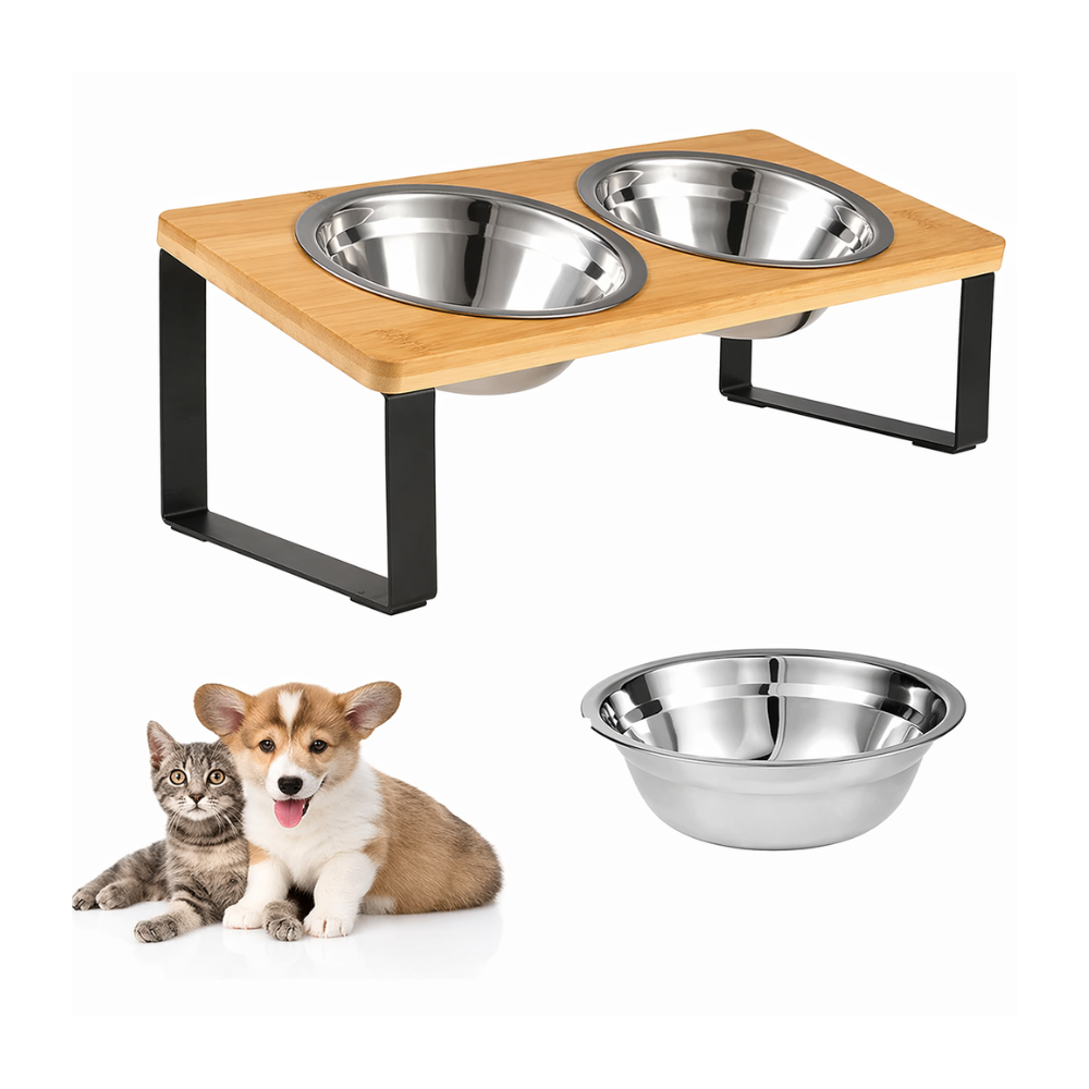 Elevated Cat Bowl 15° Tilted Wooden Stand Feeder