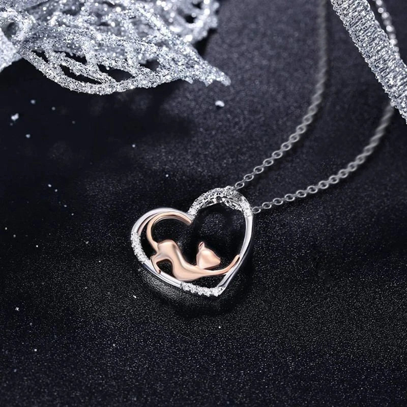 Huitan Cute Cat Heart Pendant Necklace with Cubic Zirconia for Women
