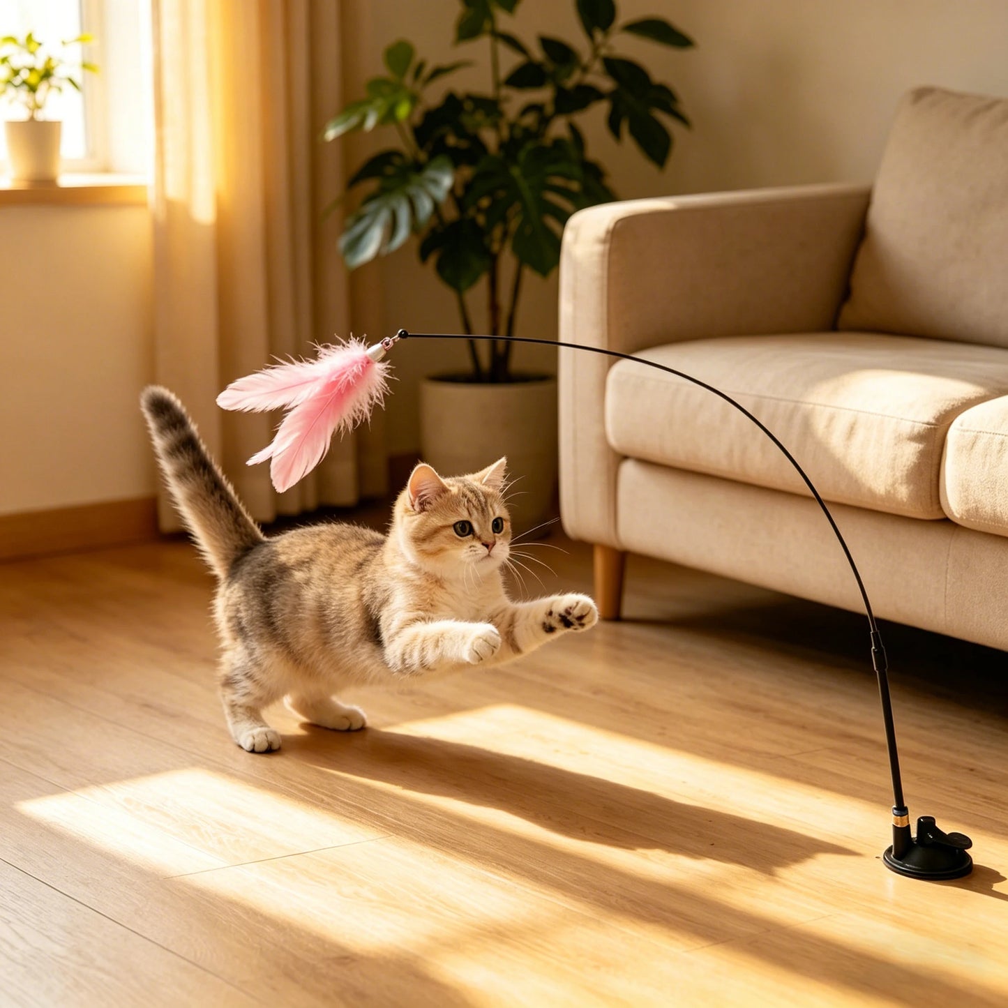 Cat Teaser Toy Feather Wand with Suction Cup & Bell