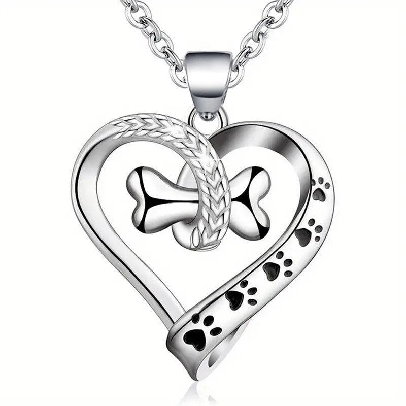 Huitan Cute Animal Dog Necklace with Pet Footprints & Bone Pendant