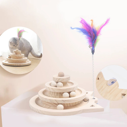 Wooden Cat Toy Tower Track Ball Interactive Disc