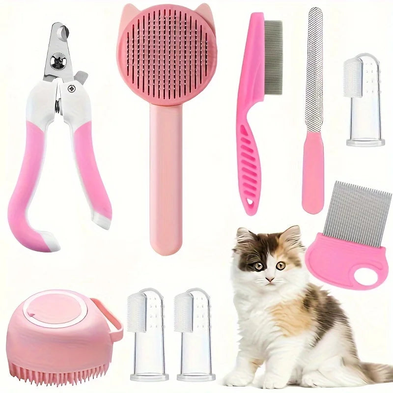 Kit da Toelettatura 8 Pezzi per Gatti con Spazzola Autopulente