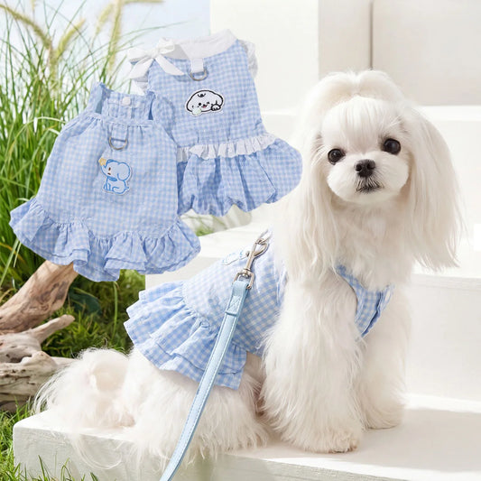 Vestito a Quadri Blu con Pettorina Integrata per Cani