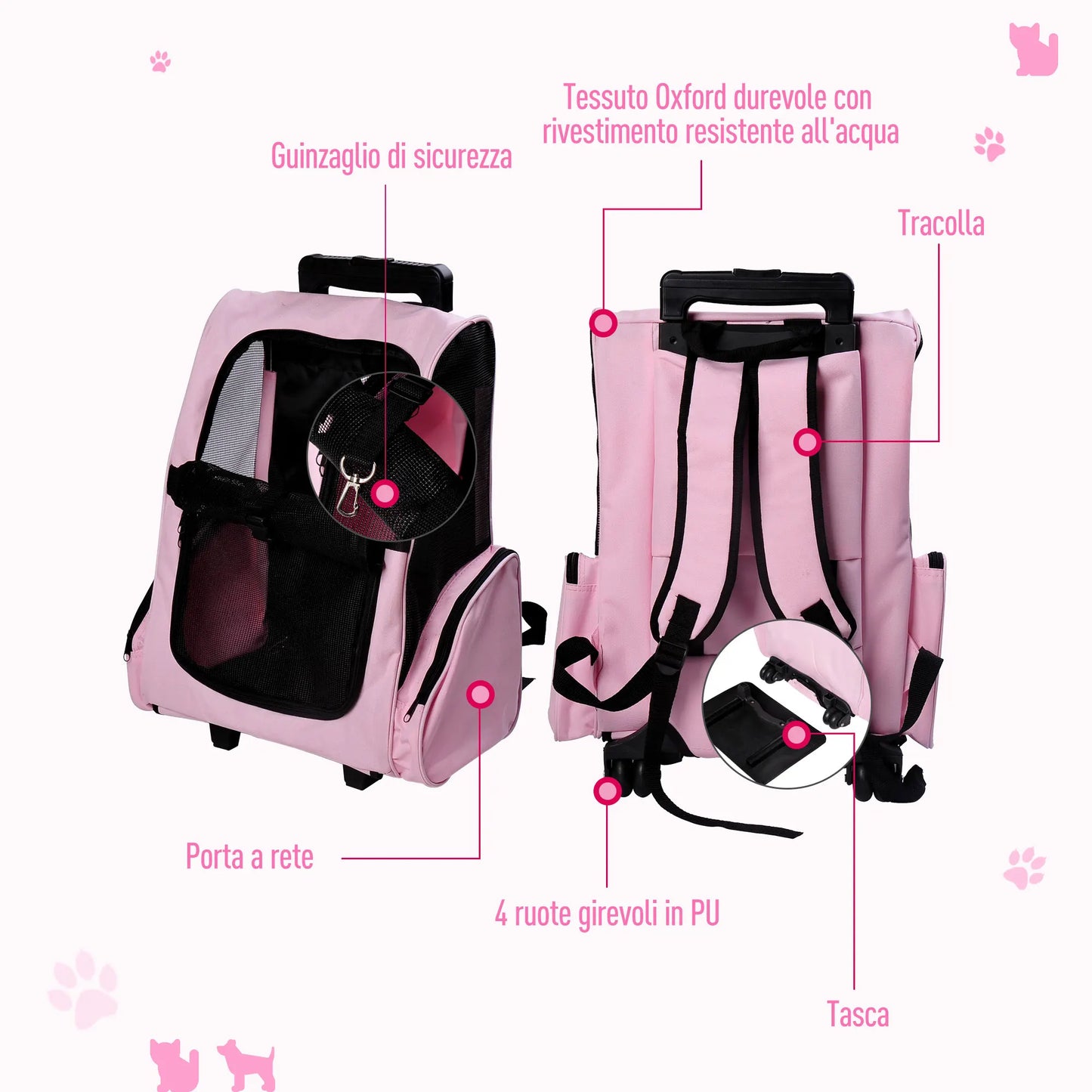 Zaino trasportino 2 in 1 con ruote per cani e gatti
