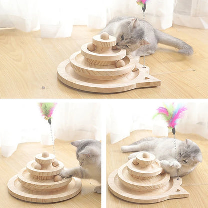Wooden Cat Toy Tower Track Ball Interactive Disc