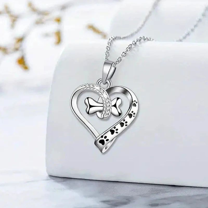 Huitan Cute Animal Dog Necklace with Pet Footprints & Bone Pendant