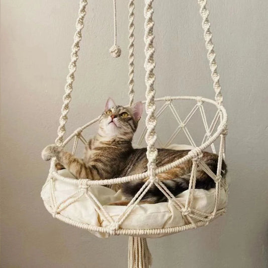 Bohemian Hanging Cat Hammock Handwoven Cotton Bed