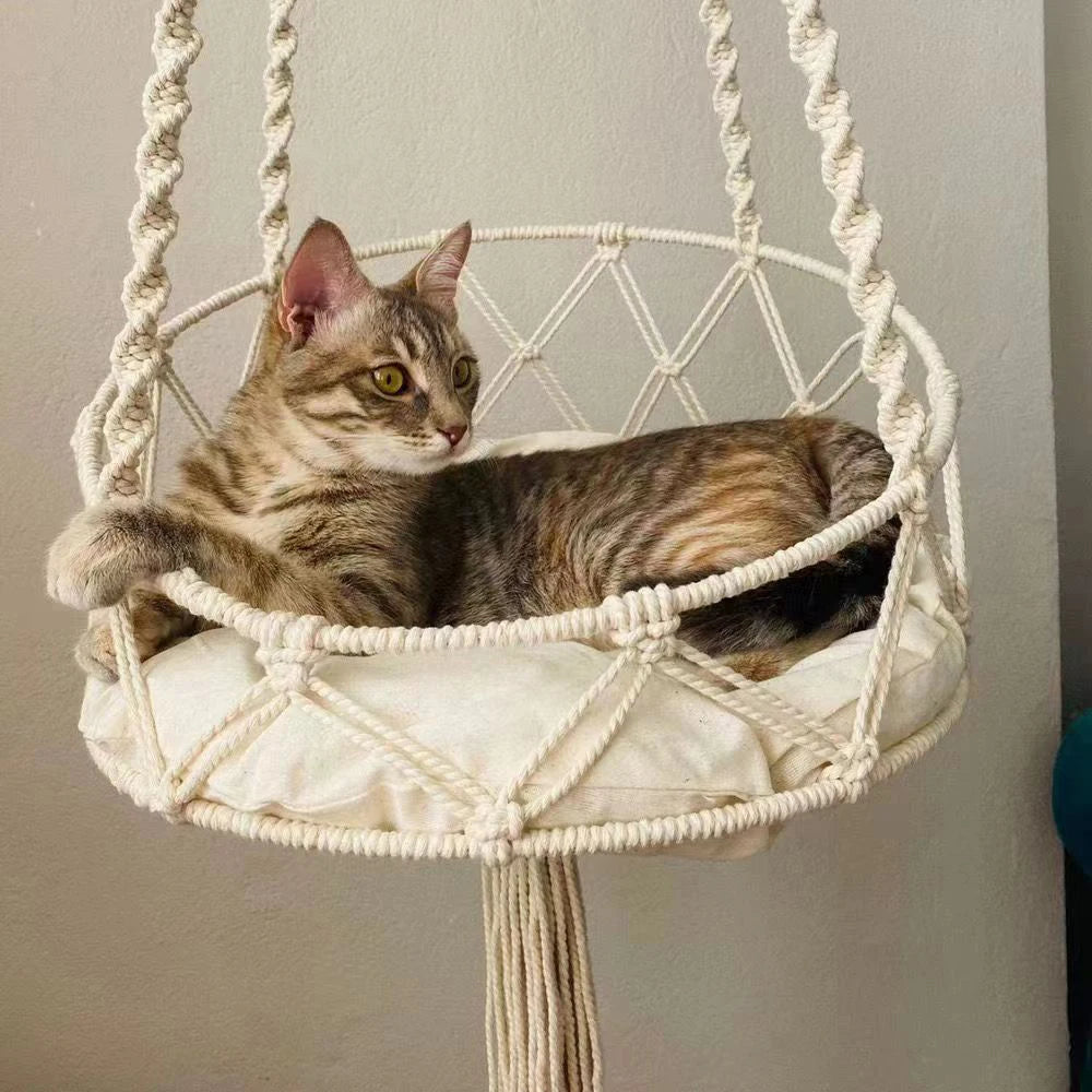 Bohemian Hanging Cat Hammock Handwoven Cotton Bed