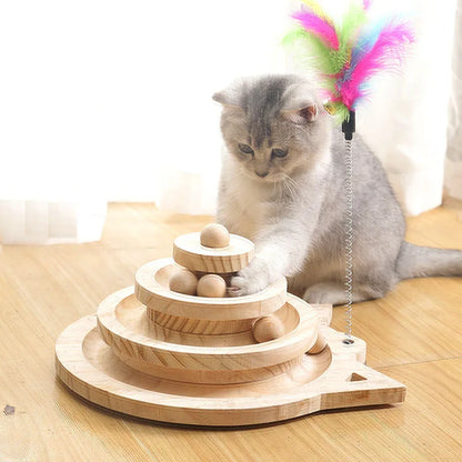 Wooden Cat Toy Tower Track Ball Interactive Disc