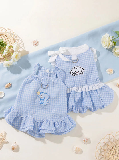 Vestito a Quadri Blu con Pettorina Integrata per Cani