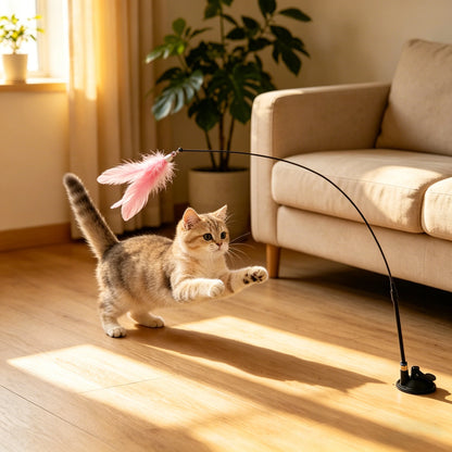 Cat Teaser Toy Feather Wand with Suction Cup & Bell