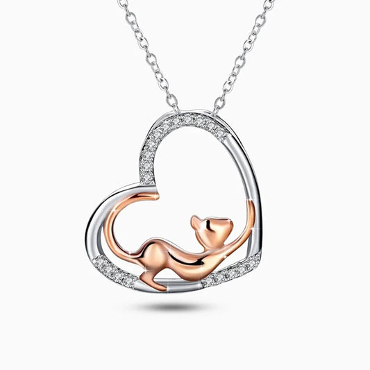 Huitan Cute Cat Heart Pendant Necklace with Cubic Zirconia for Women