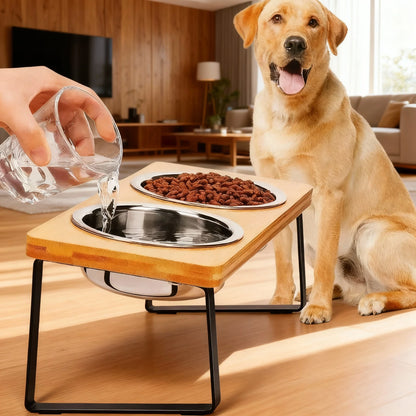 Elevated Cat Bowl 15° Tilted Wooden Stand Feeder