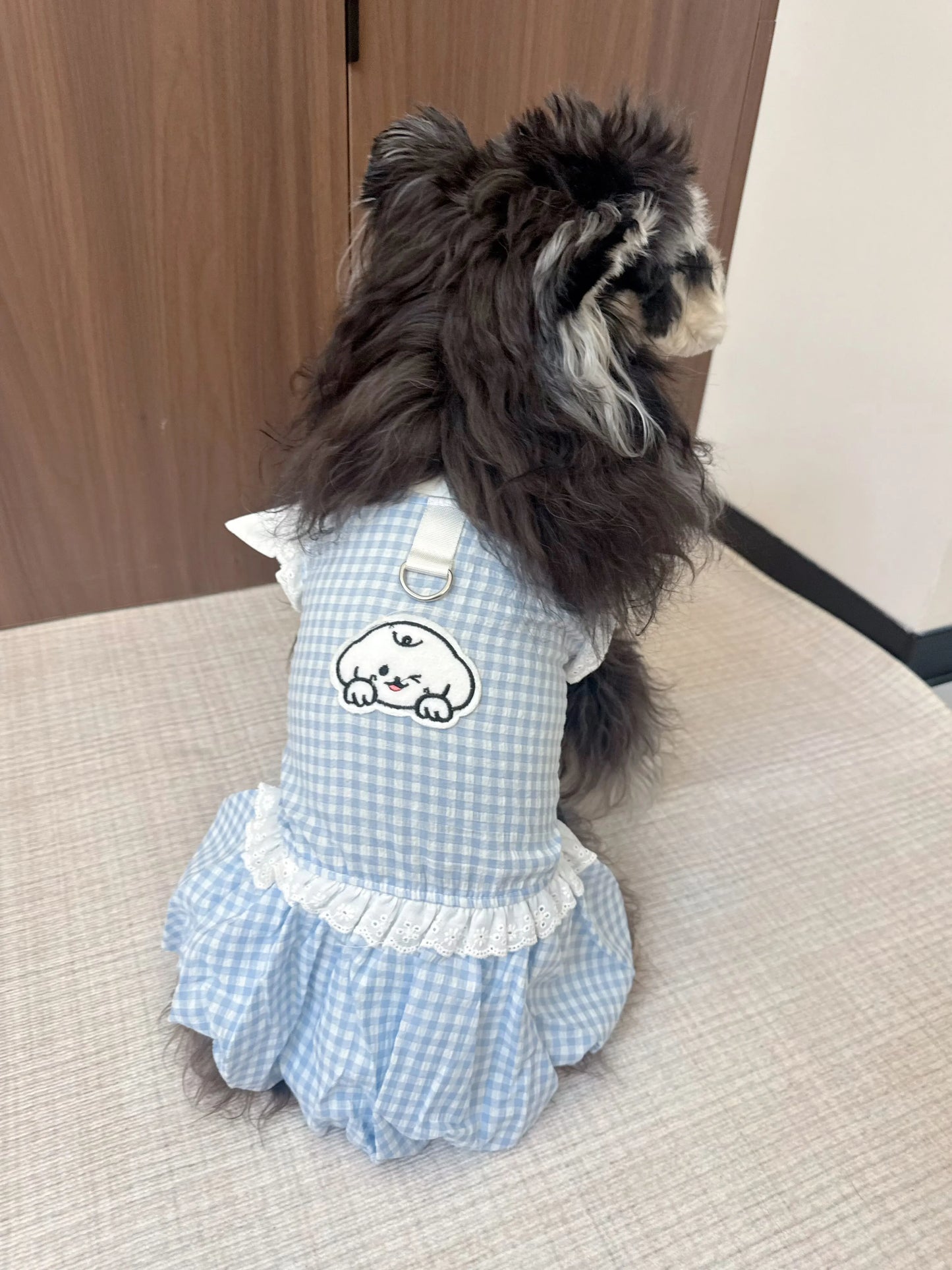 Vestito a Quadri Blu con Pettorina Integrata per Cani