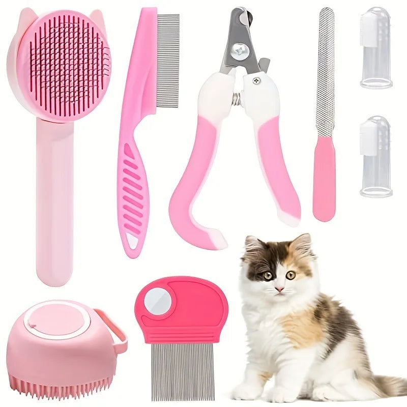 Kit da Toelettatura 8 Pezzi per Gatti con Spazzola Autopulente